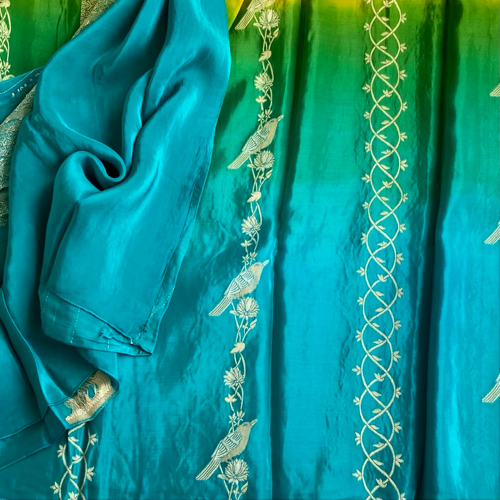 Azure Blue Soft Tussar Silk Saree With Chartreuse Pallu And Gold Zari