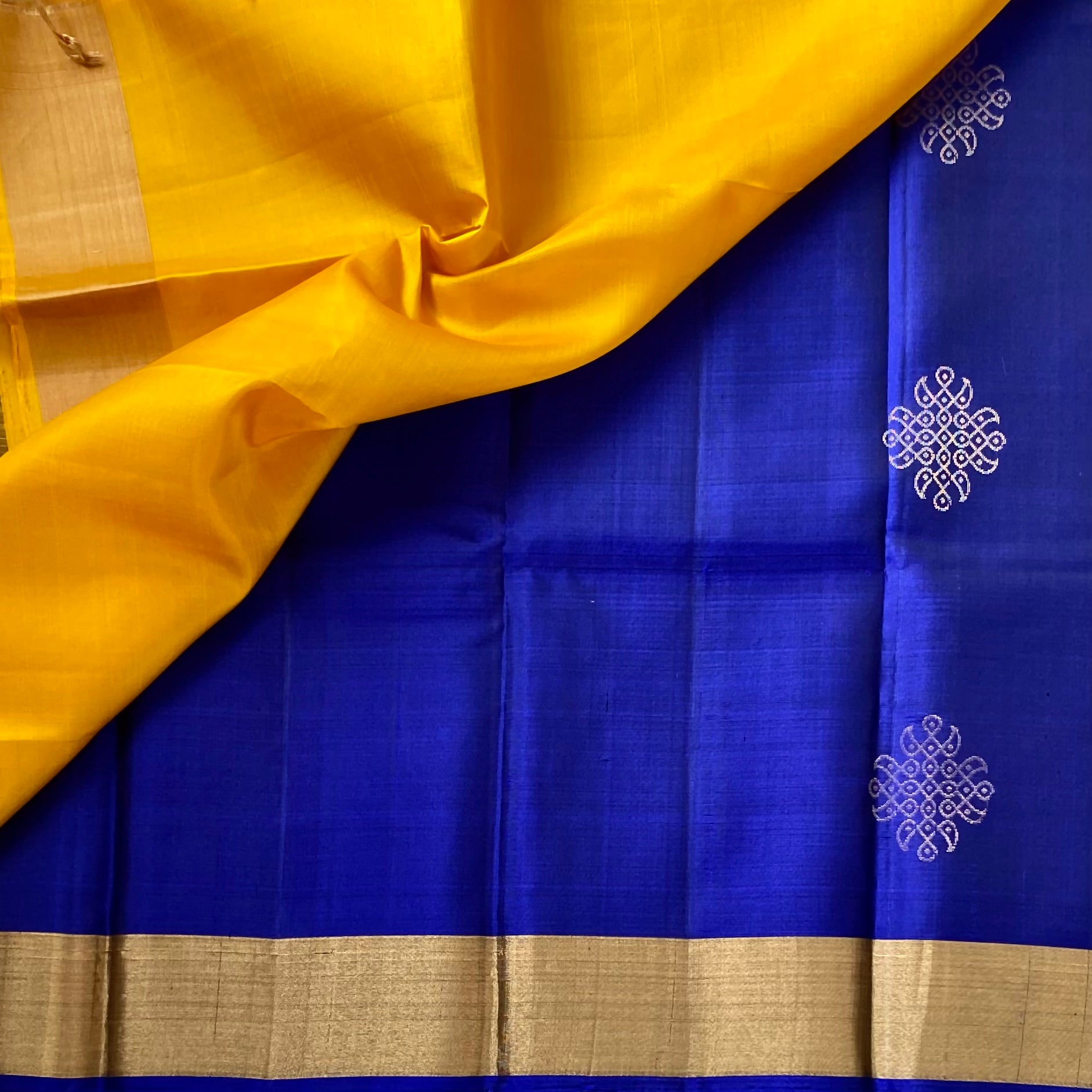 Royal Blue Saffron Silk Saree With Gold Border Medallion Motifs