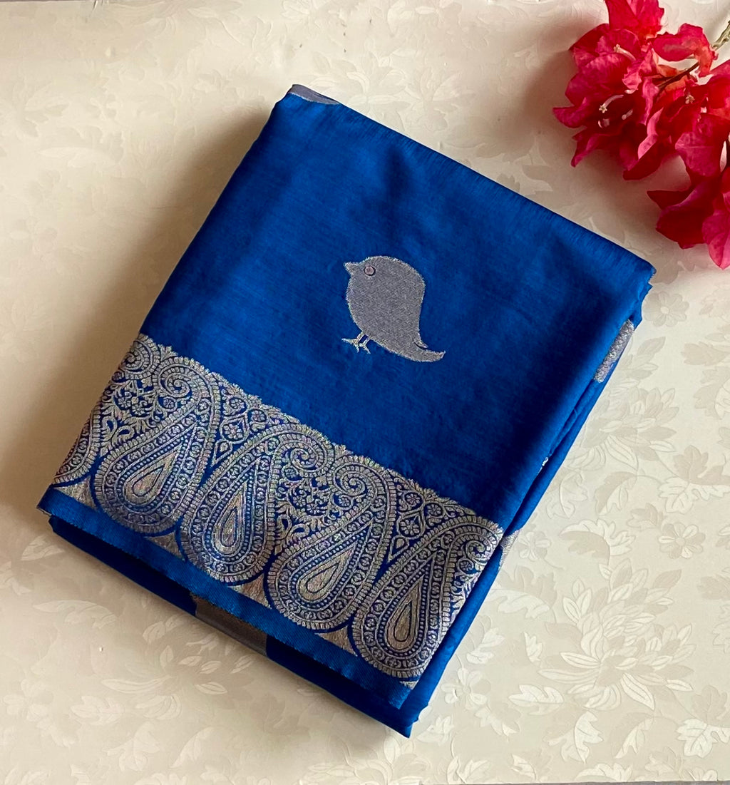 Royal Blue Silk Saree Silver Paisley Border Bird Motif Pallu