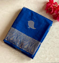 Royal Blue Silk Saree Silver Paisley Border Bird Motif Pallu