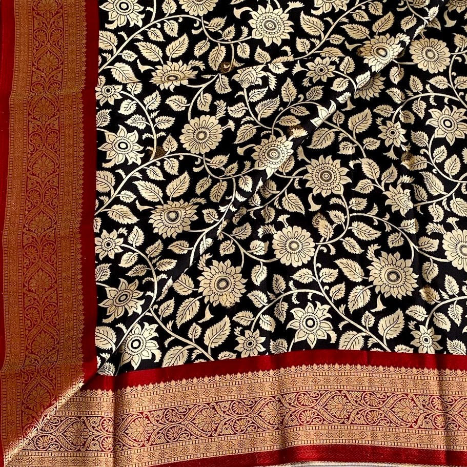 Jet Black premium Soft Tussar Silk Saree With Antique Gold Pallu