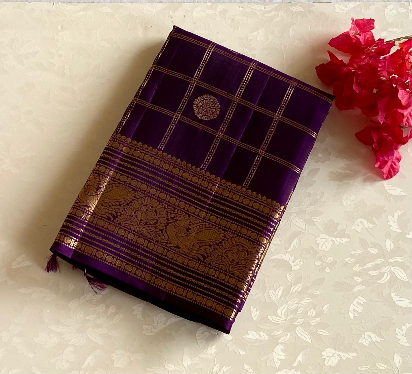 Royal Purple Silk Saree With Gold Zari Checkered Body Pallu