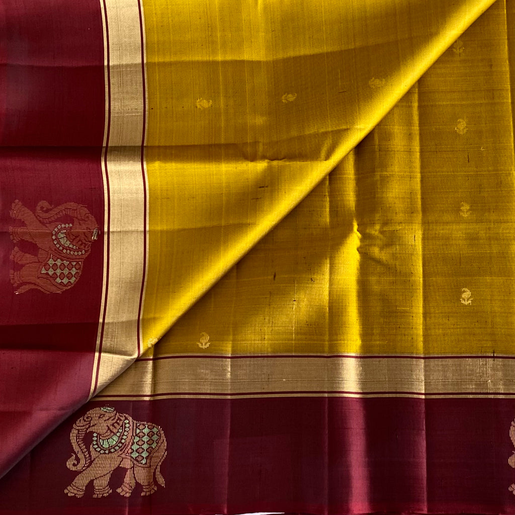 Mustard Yellow Designer Pure Silk Saree With Deep Maroon Pallu