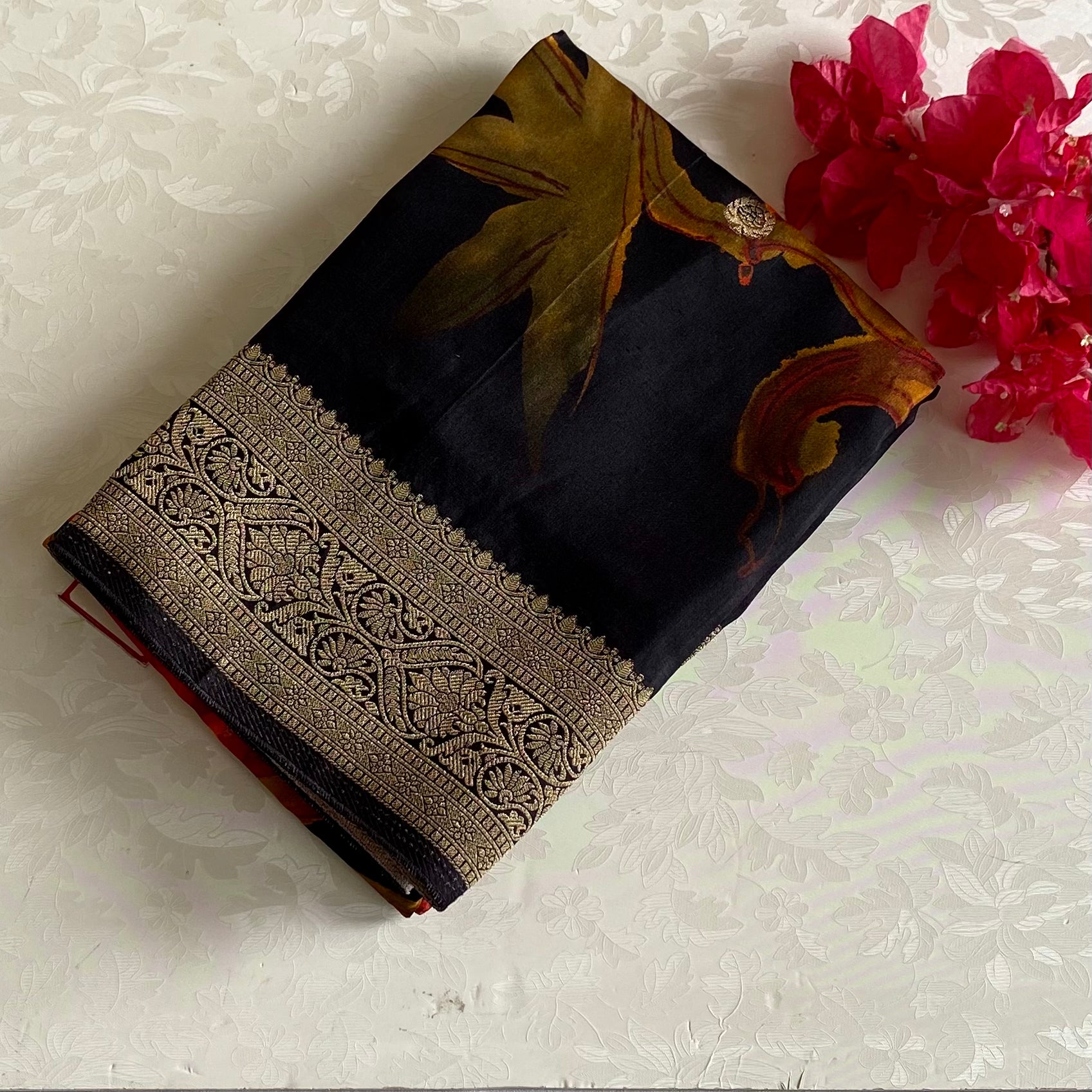 Jet Black Jute Tussar Silk With Antique Zari Pallu Burnt Orange Floral Brocade