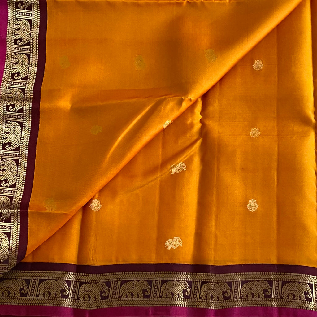 Sunset Orange Kanjeevaram Pure Zari Silk Saree With Deep Maroon Pallu