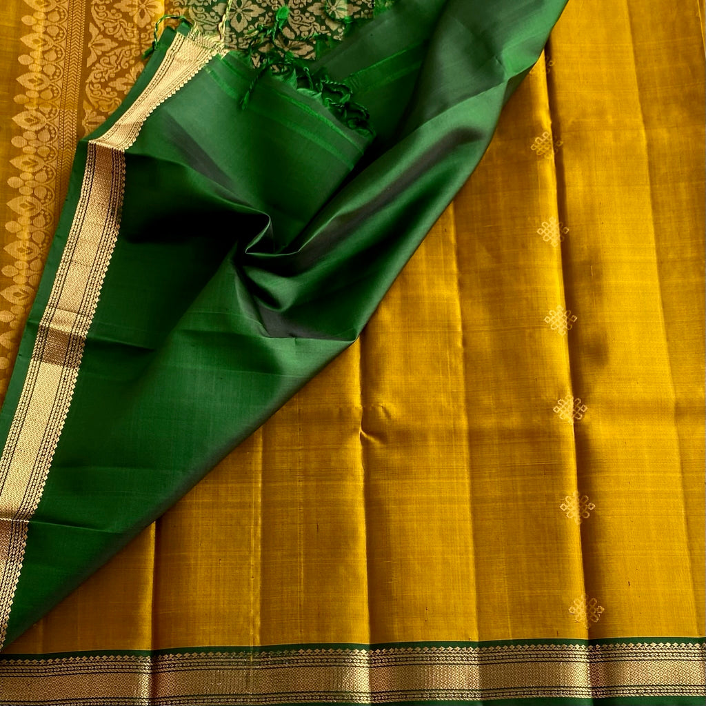 Mustard Yellow Kollam Zari Weave Designer Pure Silk Saree With Emerald Green Border