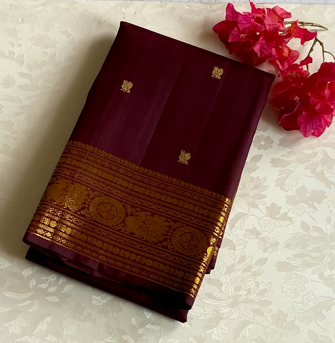 Traditional Deep Wine Silk Saree With Antique Gold Brocade Border