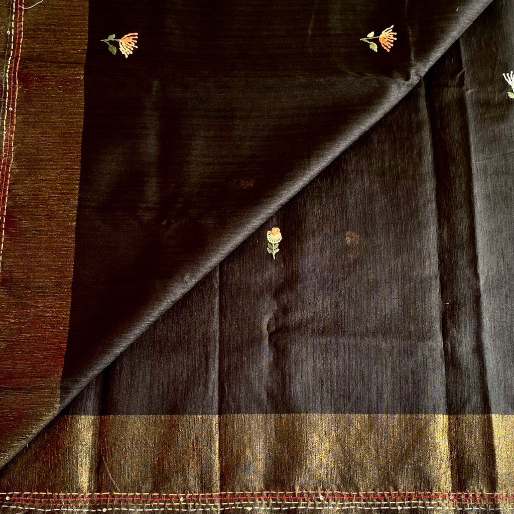 Charcoal Black Soft Tussar Silk Saree With Crimson Red Embroidery