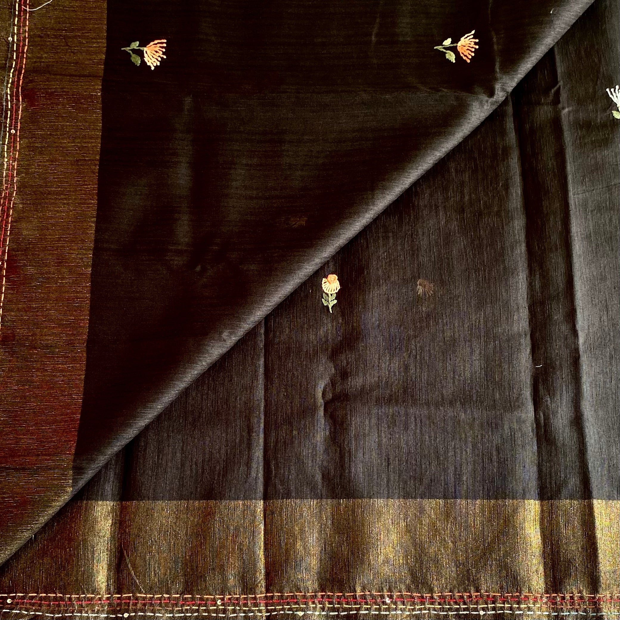Charcoal Black Soft Tussar Silk Saree With Crimson Red Embroidery