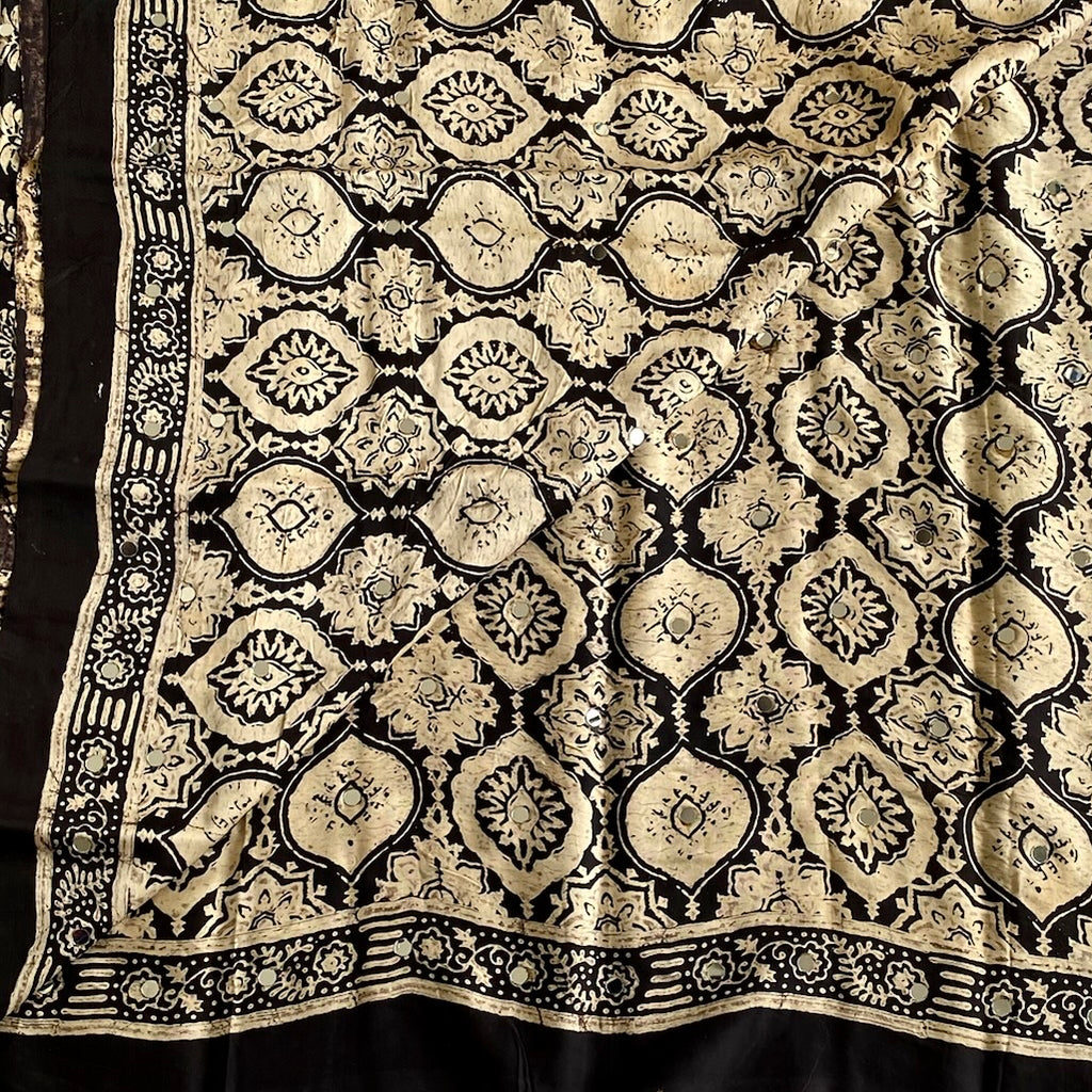 Ajrakh Handblock Printed Silk with Mirror Handwork Jet Black Saree With Antique Gold Motifs