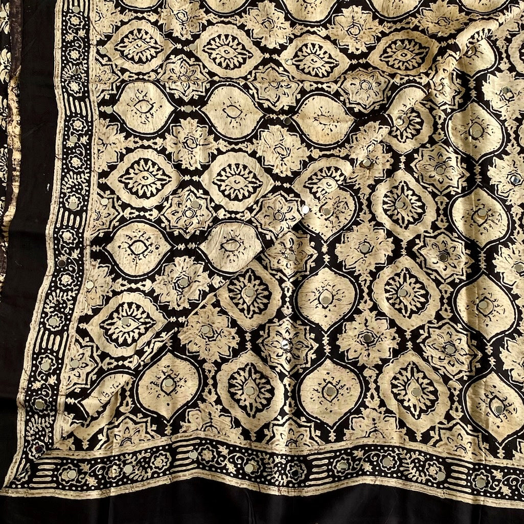 Ajrakh Handblock Printed Silk with Mirror Handwork Jet Black Saree With Antique Gold Motifs