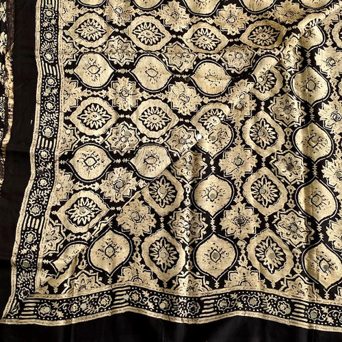 Ajrakh Handblock Printed Silk with Mirror Handwork Jet Black Saree With Antique Gold Motifs