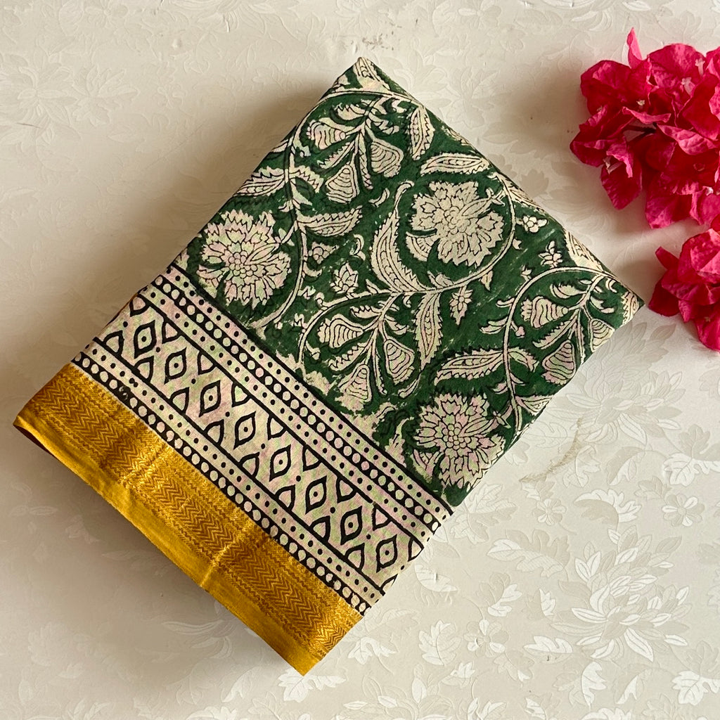 Forest Green Soft Tussar Silk Saree With Mustard Yellow Pallu Gold Border