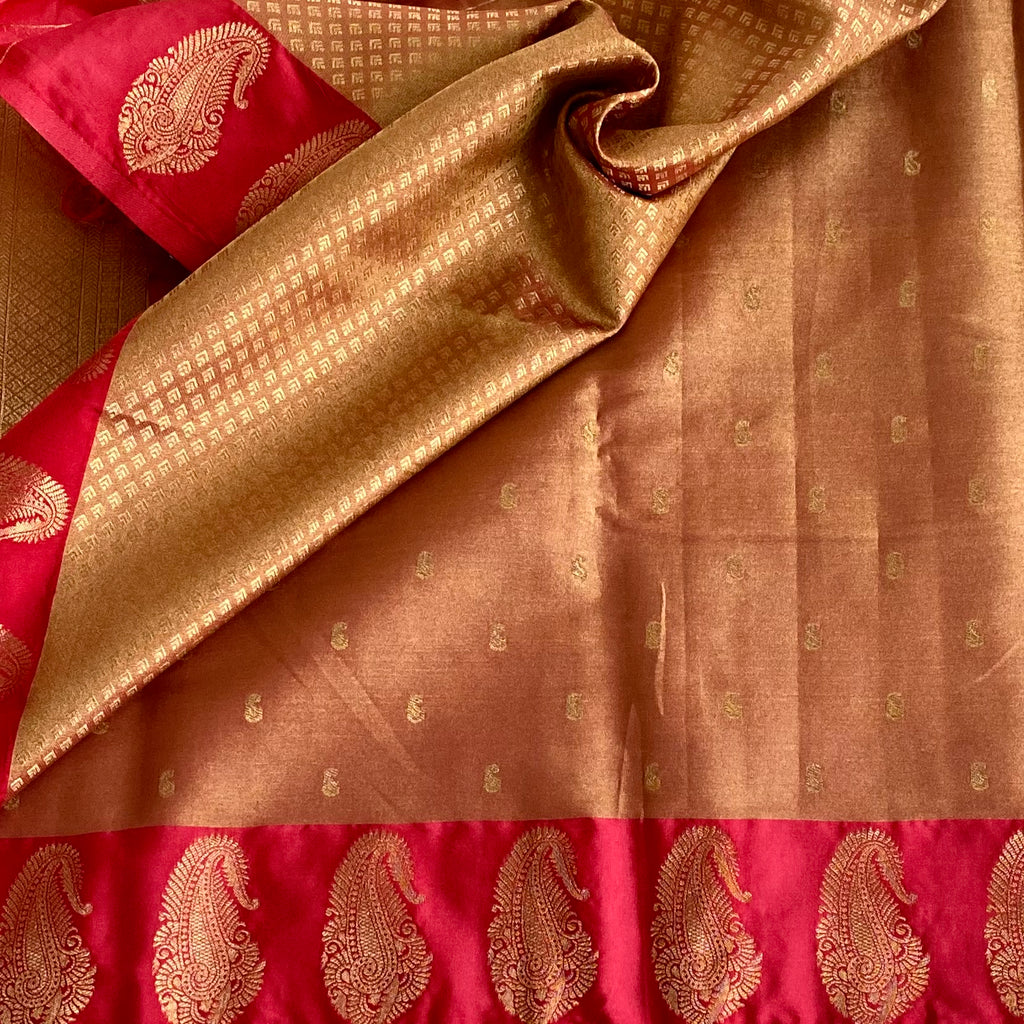 Burnt Orange Silk Saree with Gold Brocade Crimson Paisley Border