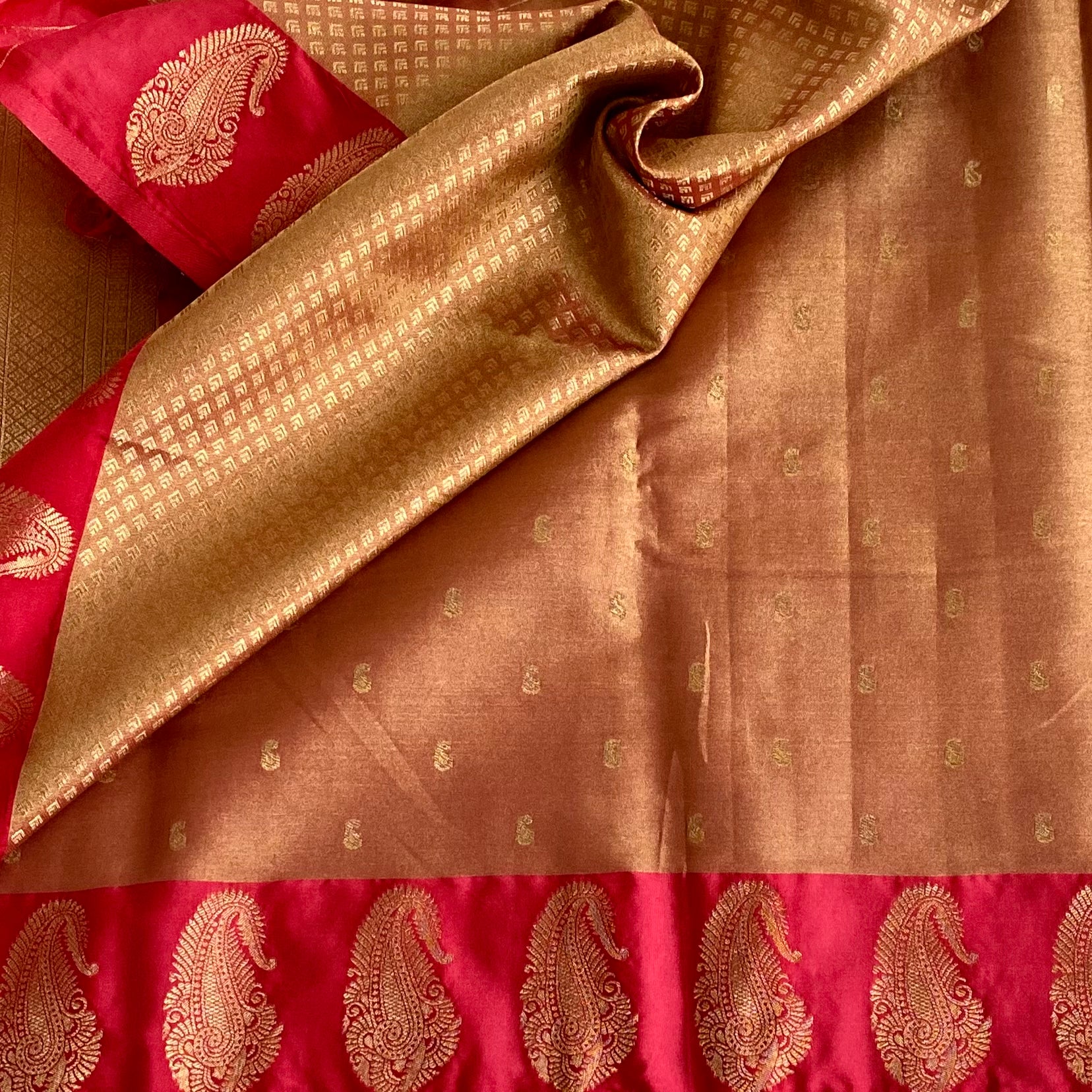 Burnt Orange Silk Saree with Gold Brocade Crimson Paisley Border