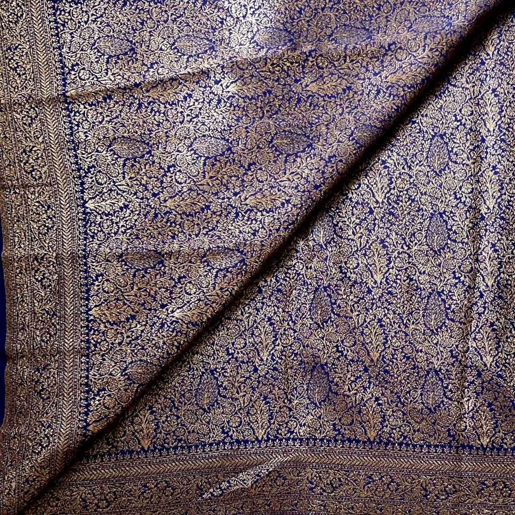 Royal Blue Brocade Saree Antique Gold Paisley Panels Rich Floral Border
