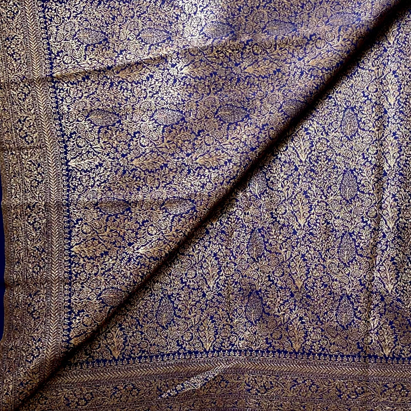 Royal Blue Brocade Saree Antique Gold Paisley Panels Rich Floral Border