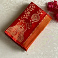 Vermilion Red With Vivid Orange Soft Tussar Silk Saree Antique Gold Peacock Motifs