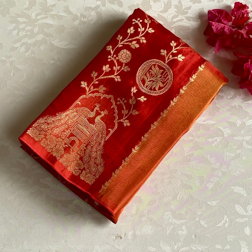 Vermilion Red With Vivid Orange Soft Tussar Silk Saree Antique Gold Peacock Motifs
