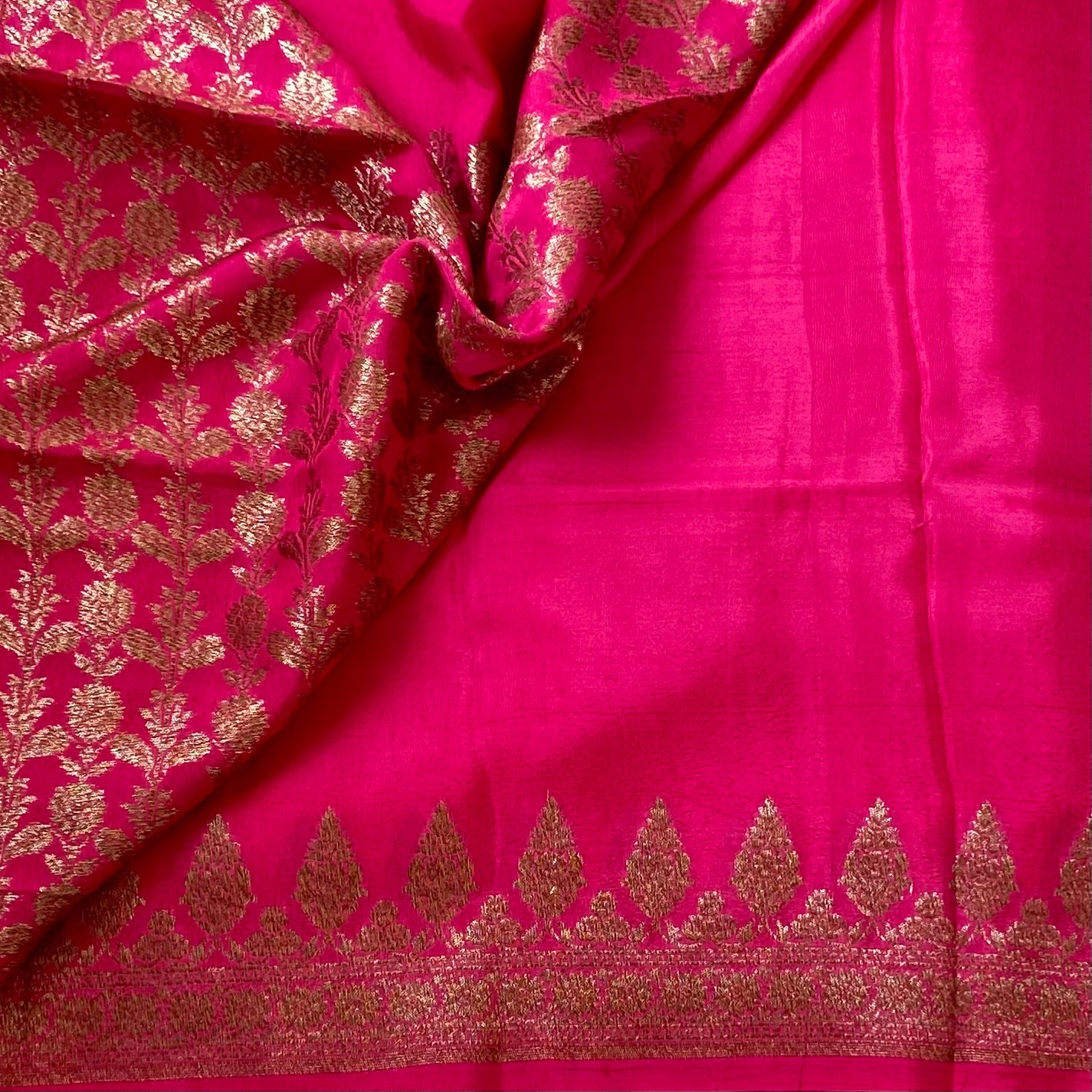 Fuchsia Silk Saree Gold Brocade Floral Pallu Paisley Border