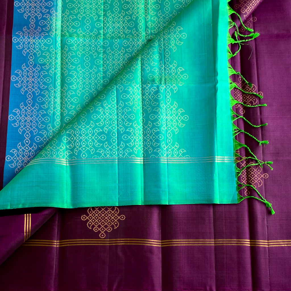 Deep Plum Designer Pure Silk Saree With Turquoise Kollam Stunner