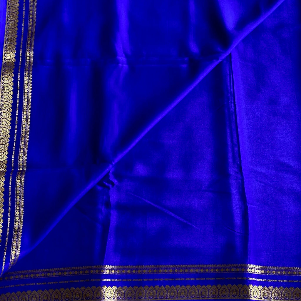 Royal Blue Mysore Crepe Silk Saree With Gold Border