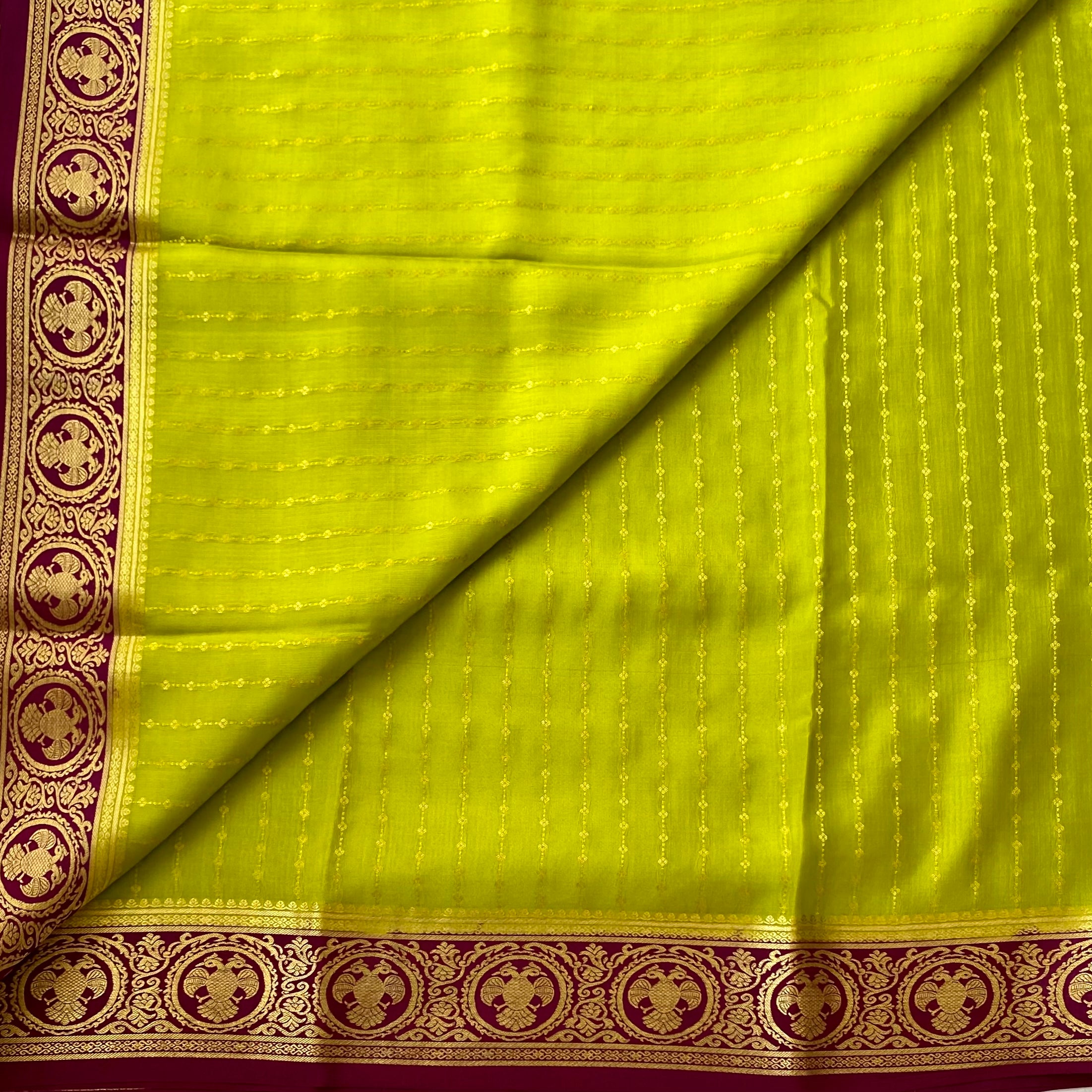 Chartreuse Silk Saree Magenta Brocade Gold Zari Festive Traditional Medallion