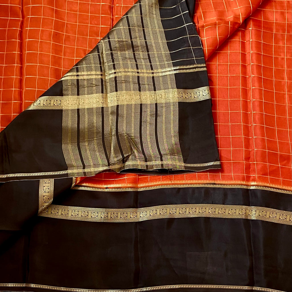 Navarasam Hot Pick - Deep Rust with coffee brown soft crepe silk with checkered weave