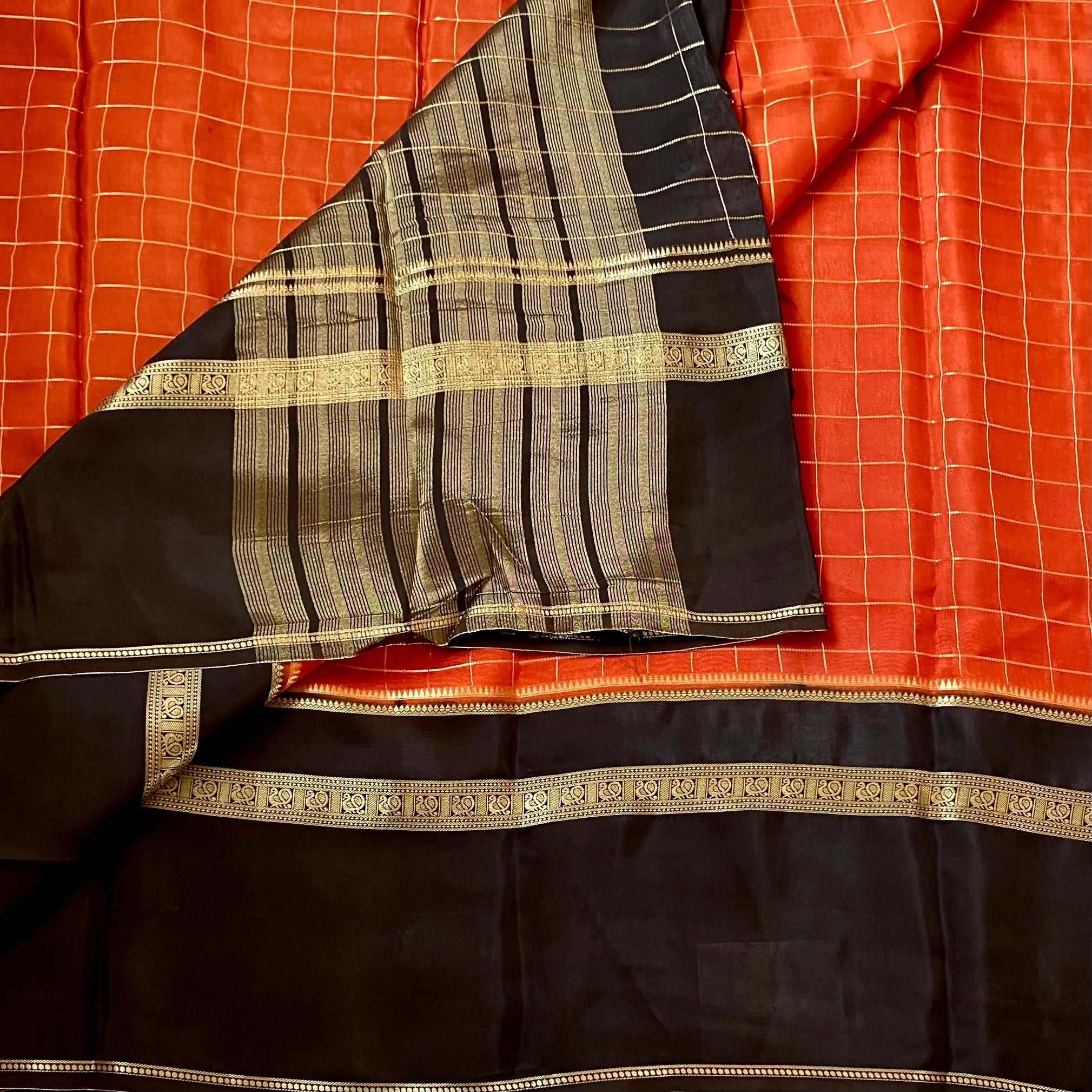 Navarasam Hot Pick - Deep Rust with coffee brown soft crepe silk with checkered weave