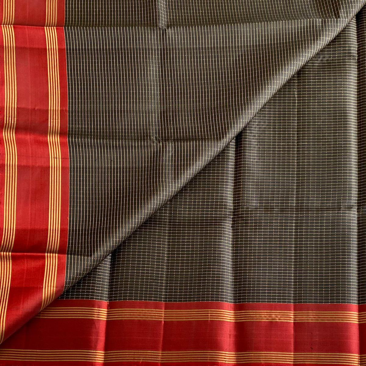 Charcoal Black Designer Pure Silk Saree With Crimson Maroon Pallu