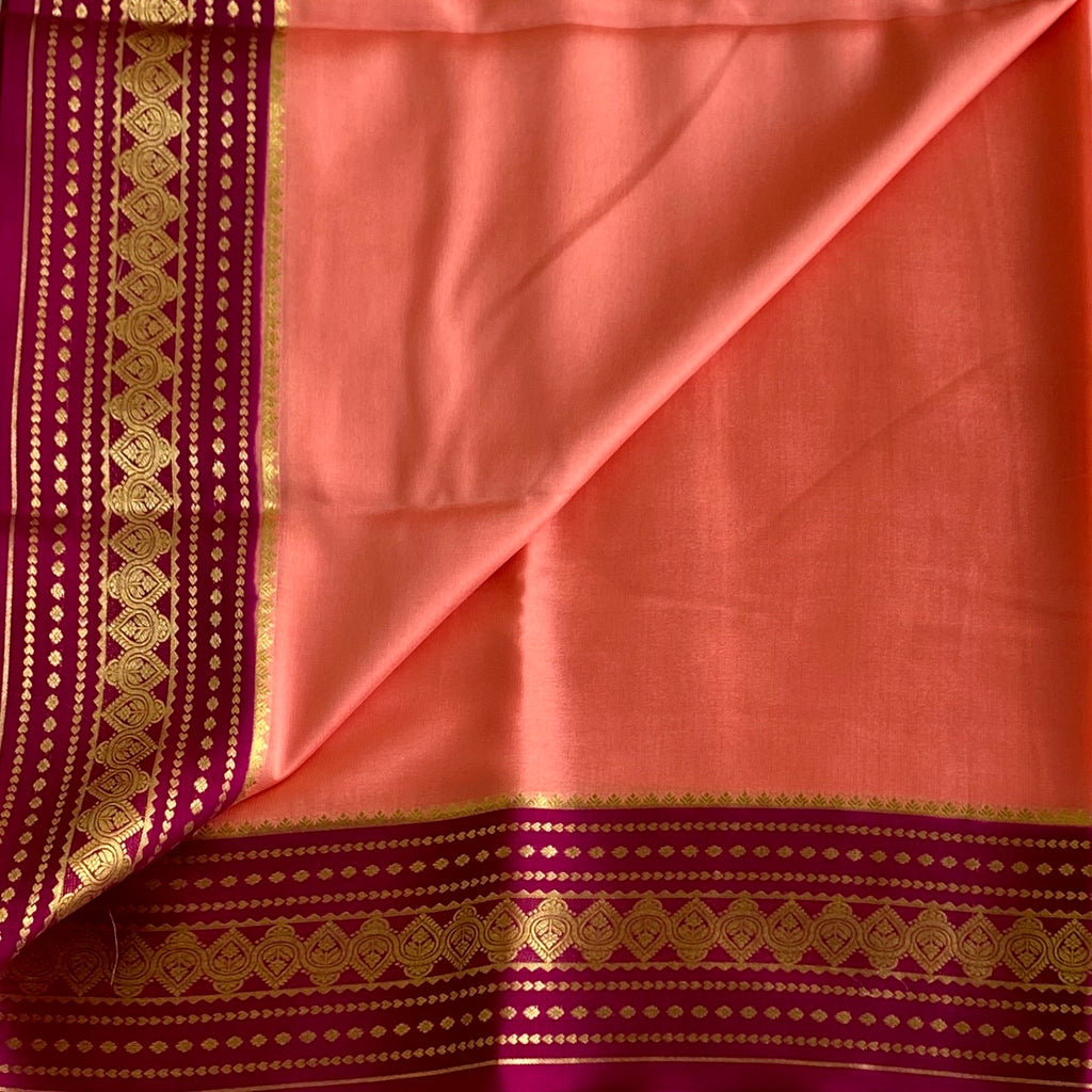 Coral Pink And Magenta Mysore Crepe Silk Saree With Zari Border
