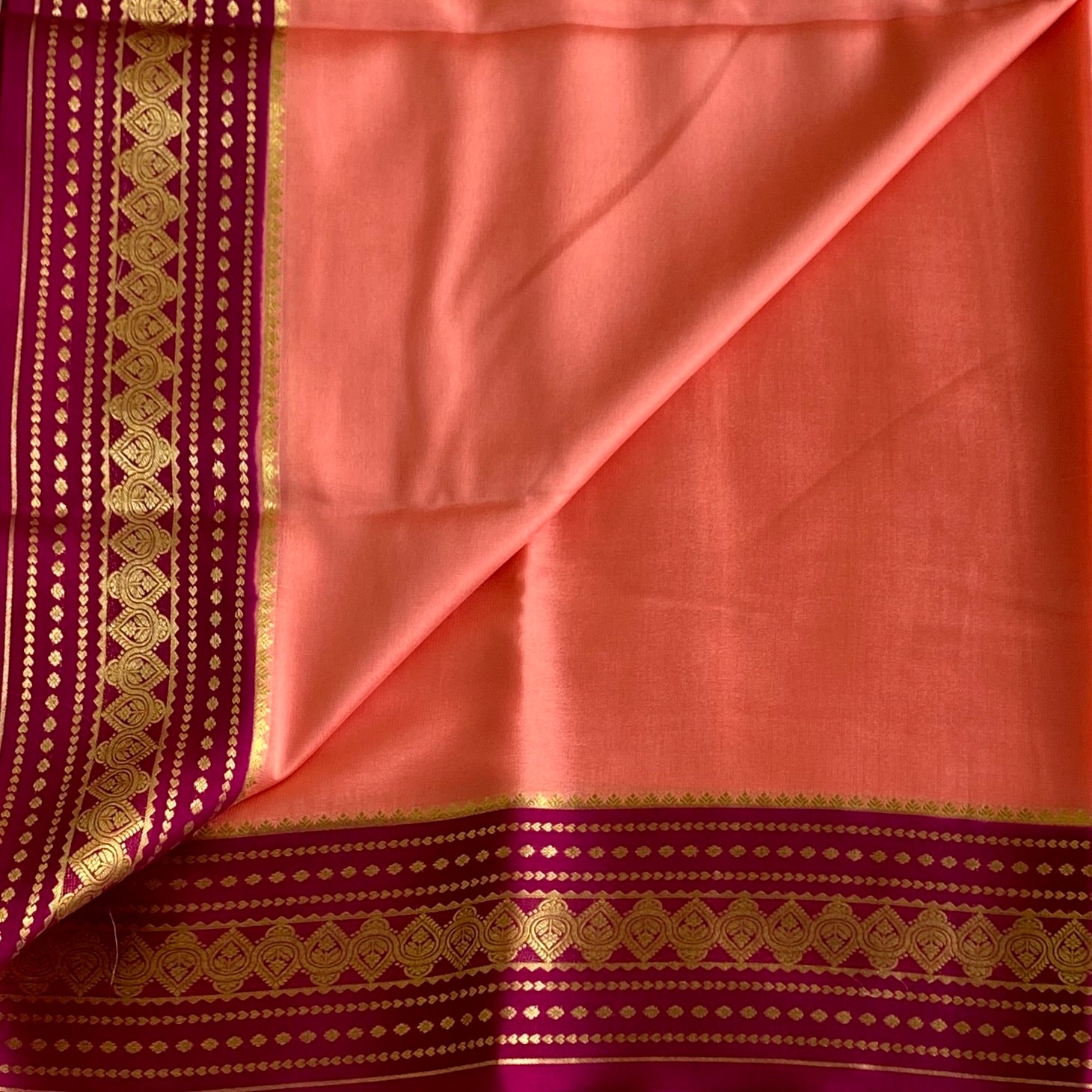 Coral Pink And Magenta Mysore Crepe Silk Saree With Zari Border