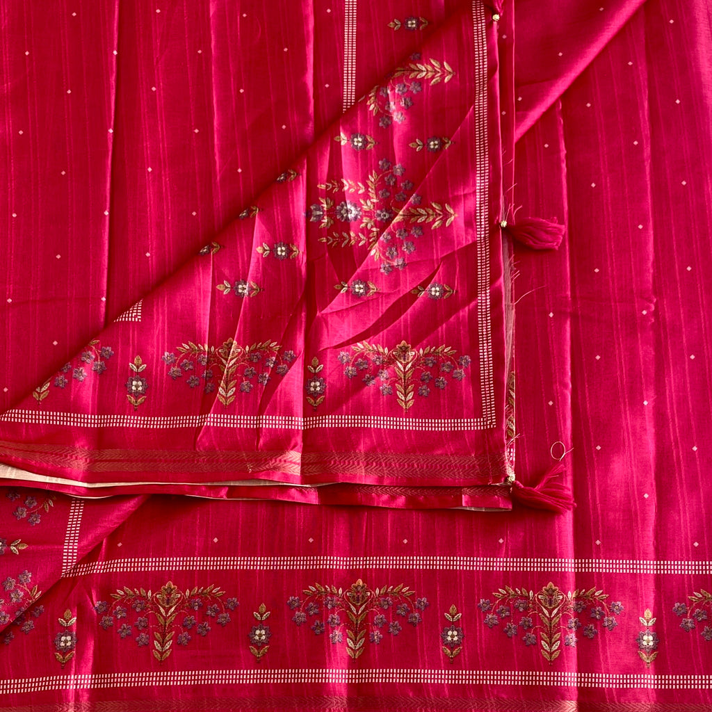 Rani Pink Soft Tussar Saree With Printed Gold Pallu