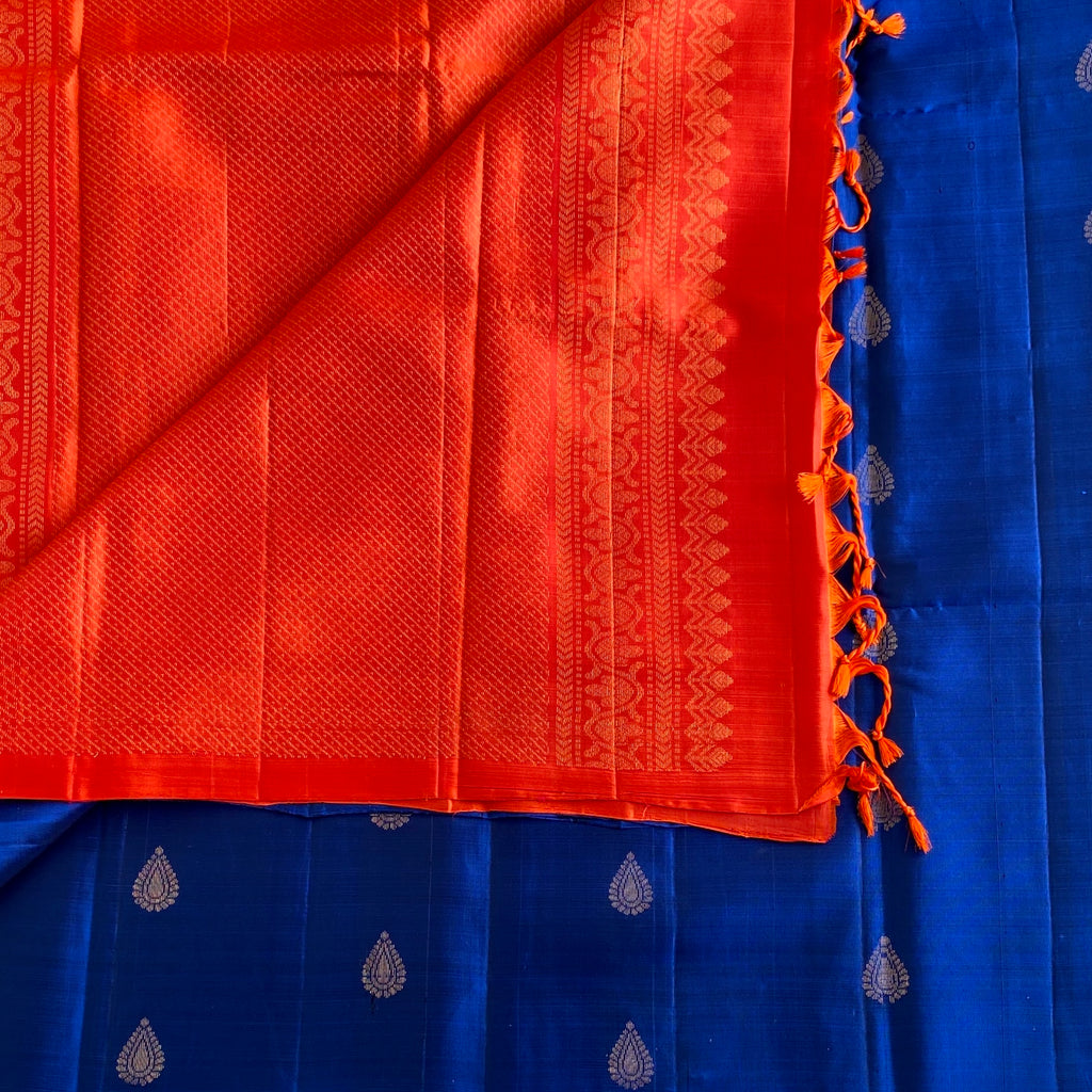 Royal Blue Designer Pure Silk Saree With Crimson Orange Pallu