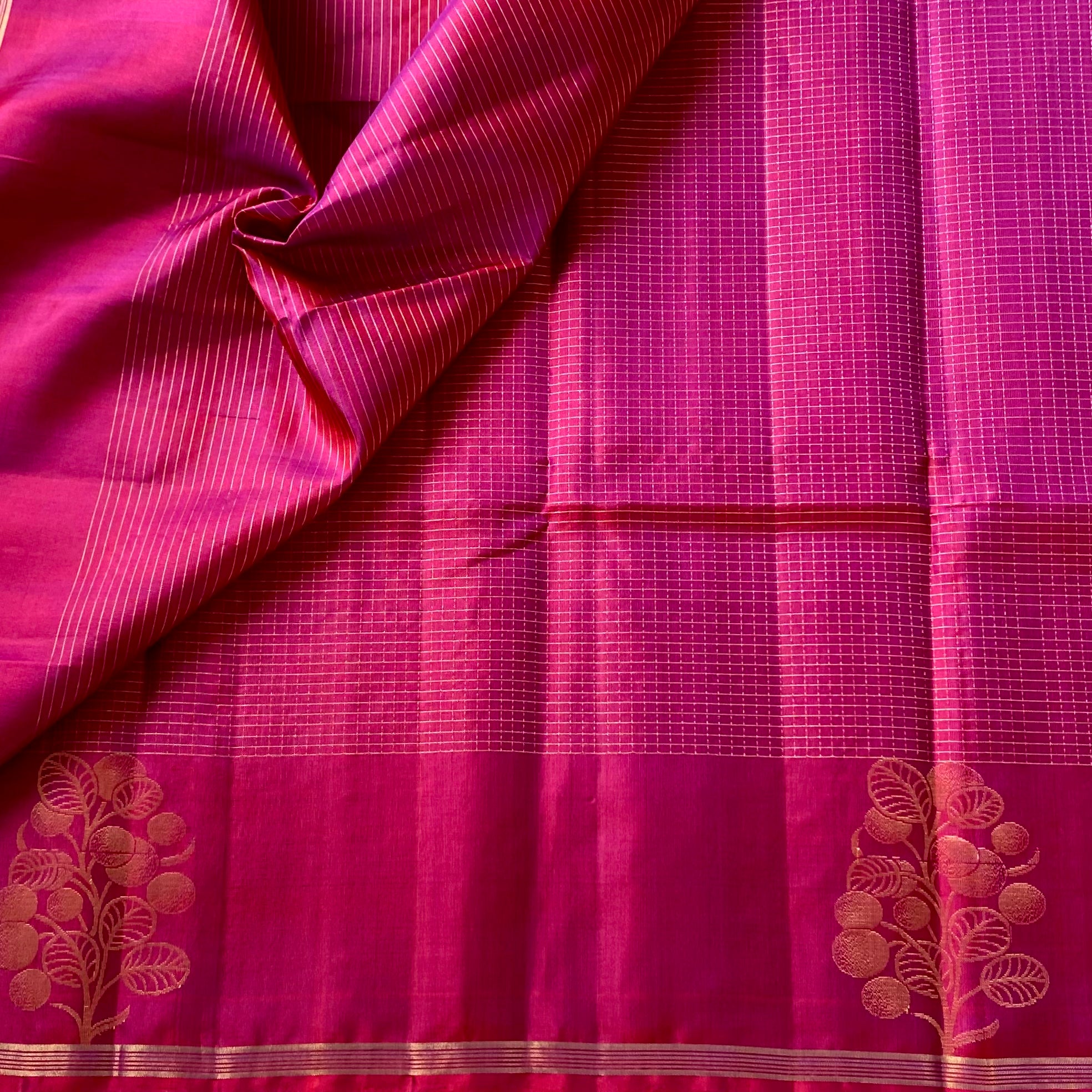 Fuchsia Gold Woven Floral Saree With Tassels For Wedding Festivities