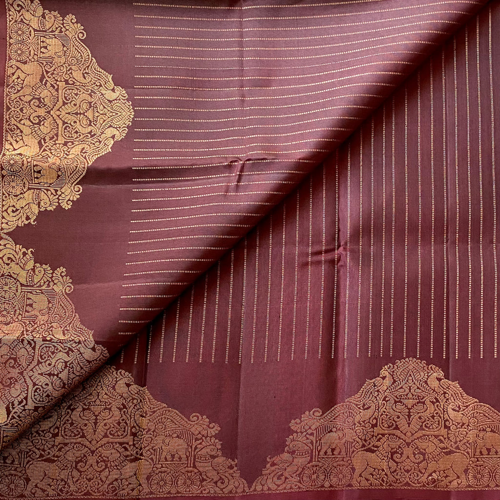 Deep Plum Woven Zari Saree with Temple Border and Tassels