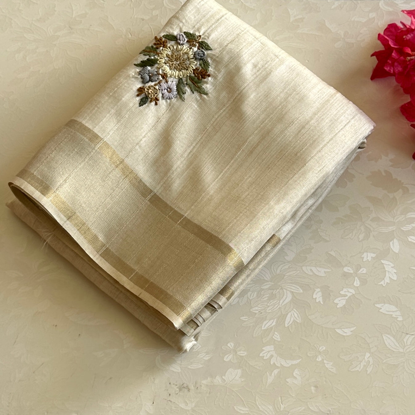 Cream Ivory Floral Embroidered Silk Saree with Gold Border Elegant