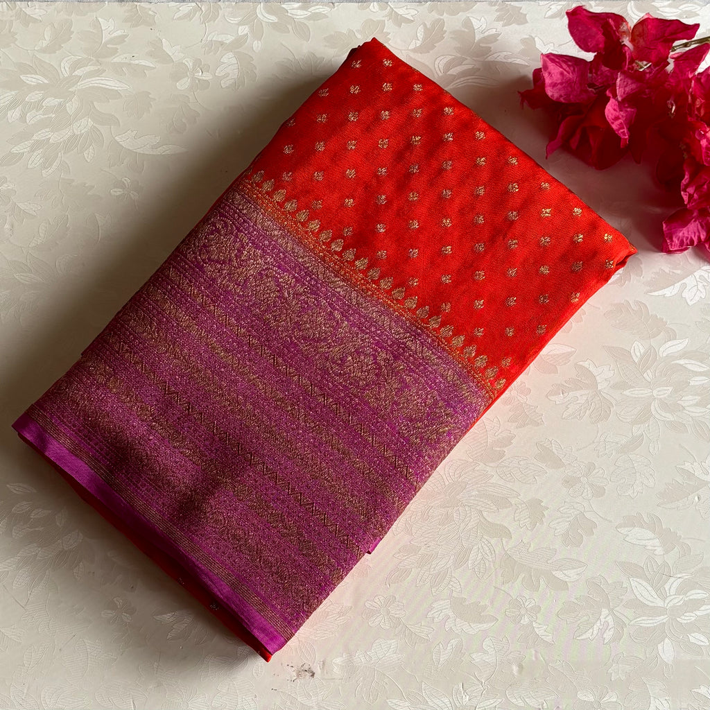 Banarasi Crepe Silk Bright Orange & Magenta Purple Saree With Pallu