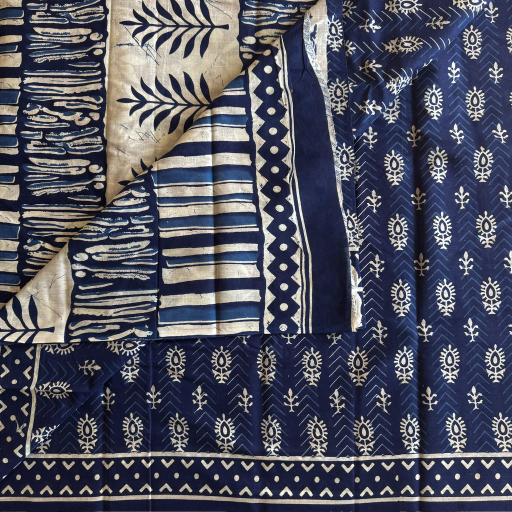 Indigo Block Print Cotton Saree Leaf Floral Border Soft Fall