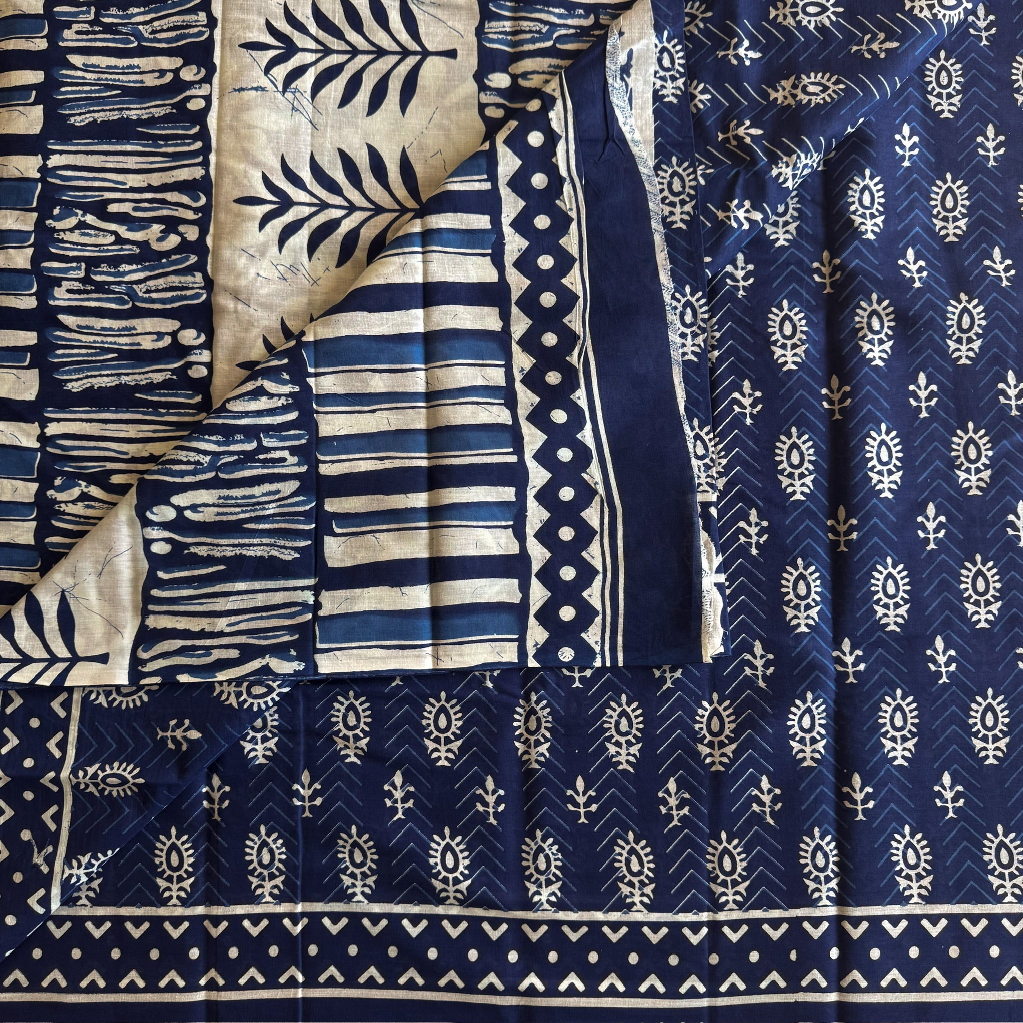 Indigo Block Print Cotton Saree Leaf Floral Border Soft Fall