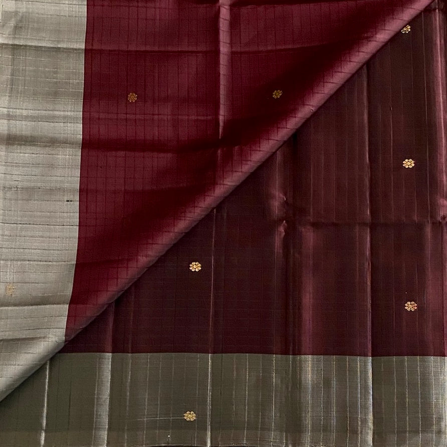 Deep Wine Maroon Designer Pure Silk With Silver Grey Pallu