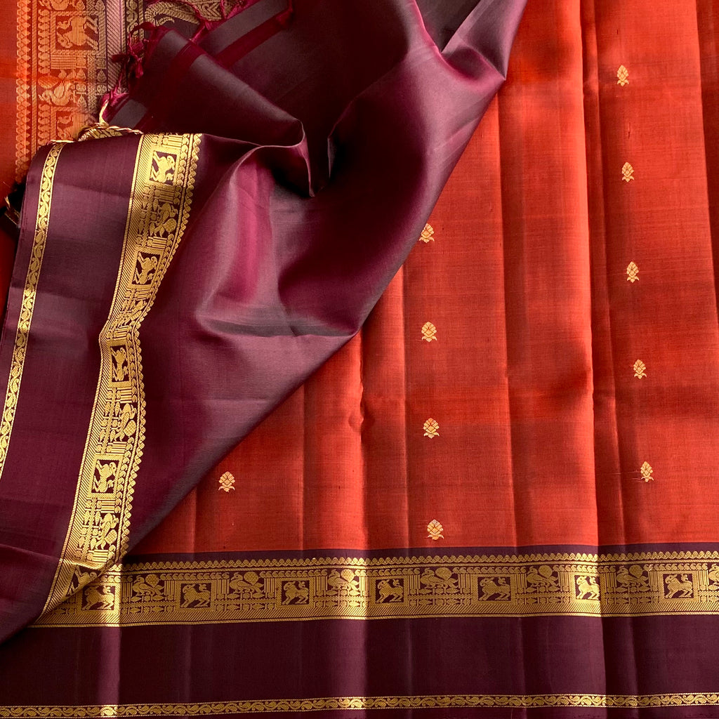 Burnt Orange Designer Pure Silk Saree With Deep Purple Paisley Pallu