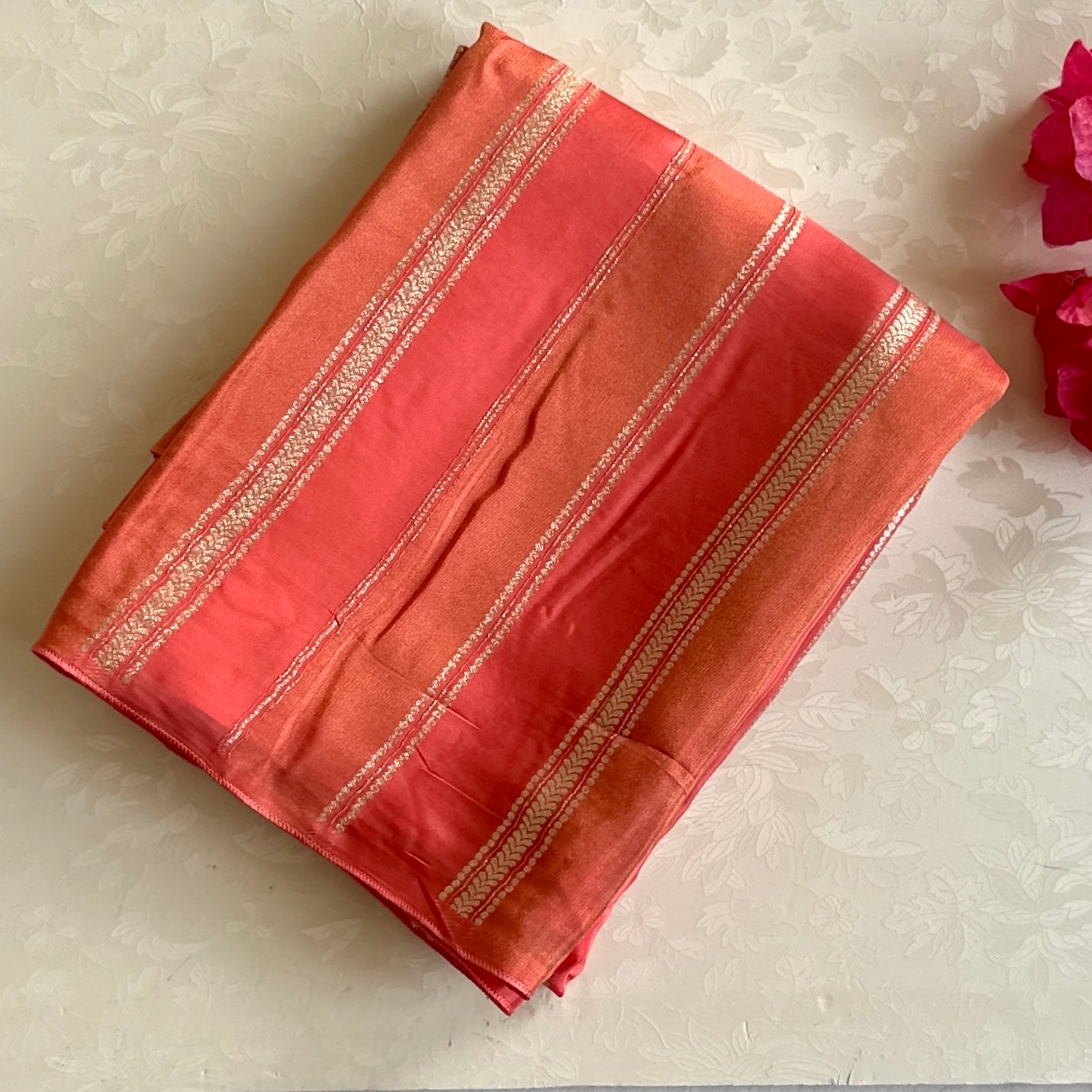 Coral Pink Striped Designer Soft blended silk with contrast red blouse