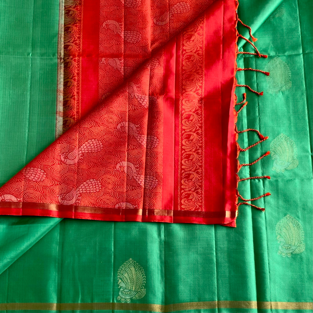 Sea Green Designer Pure Silk Saree With Vermilion Red Pallu
