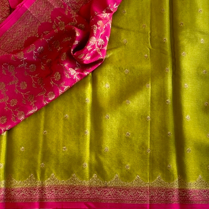 Olive Green Banarasi soft crêpe silk With Rani Pink Pallu