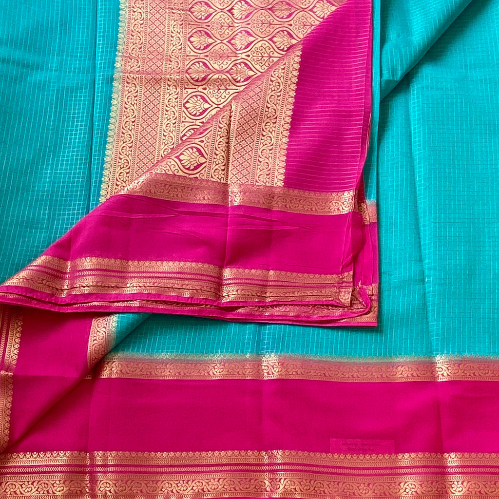 Traditional Teal Fuchsia Silk Saree With Gold Zari Paisley Pallu