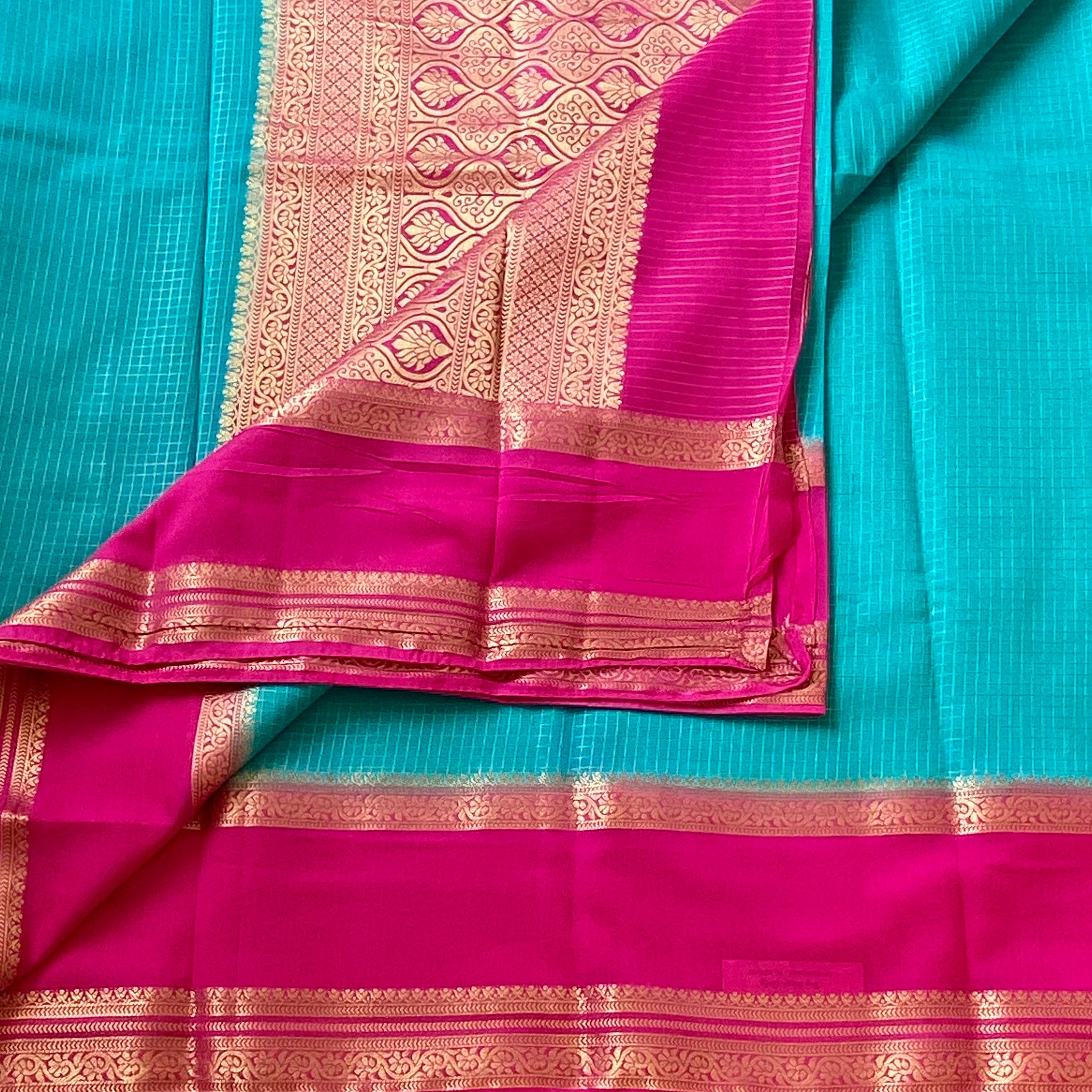Traditional Teal Fuchsia Silk Saree With Gold Zari Paisley Pallu