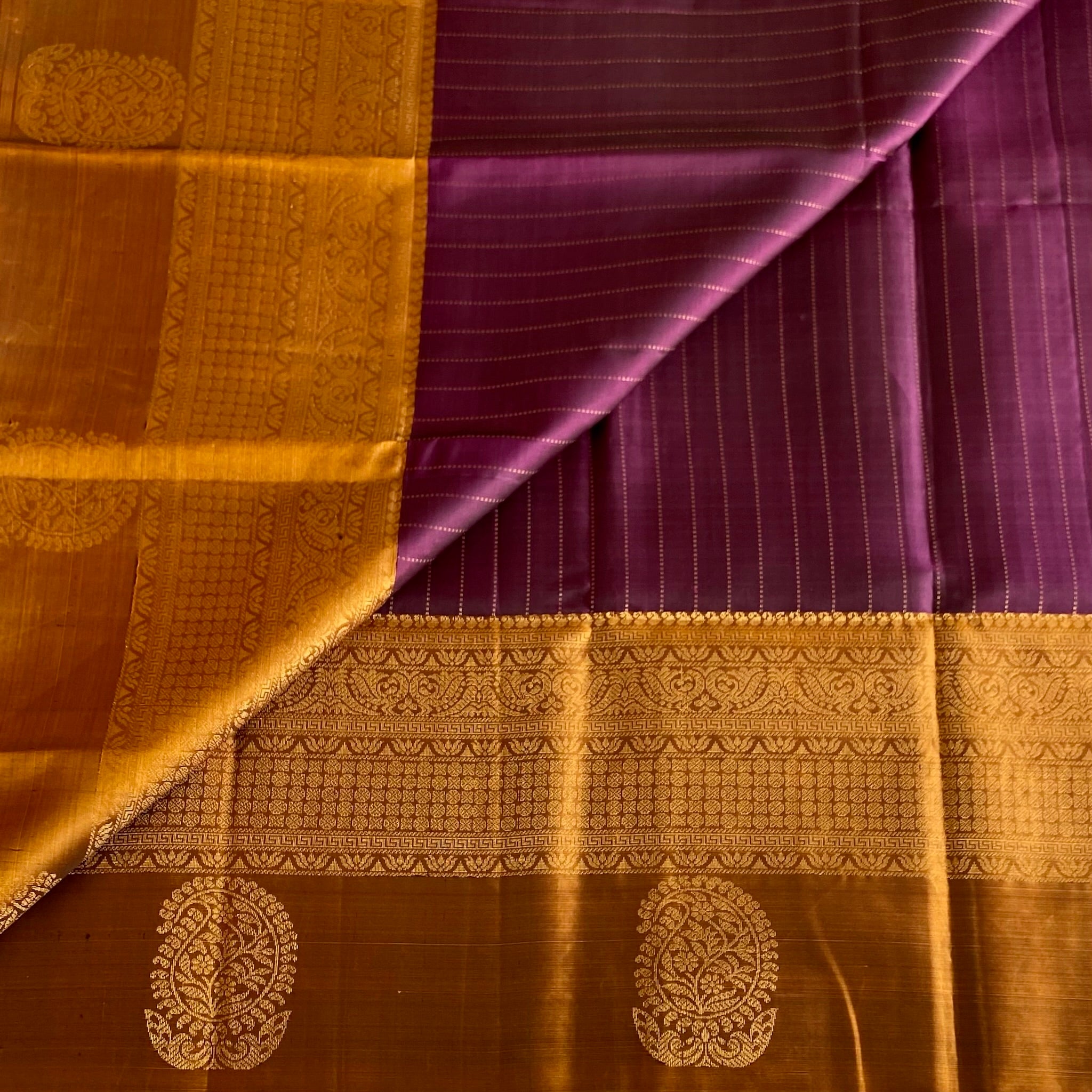 Stunner Purple Striped Designer Pure Silk with Jaggery Gold Borders
