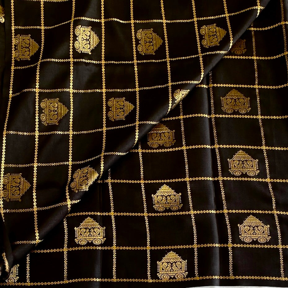 Jet Black Mysore Crepe Silk Saree With Antique Gold Checks