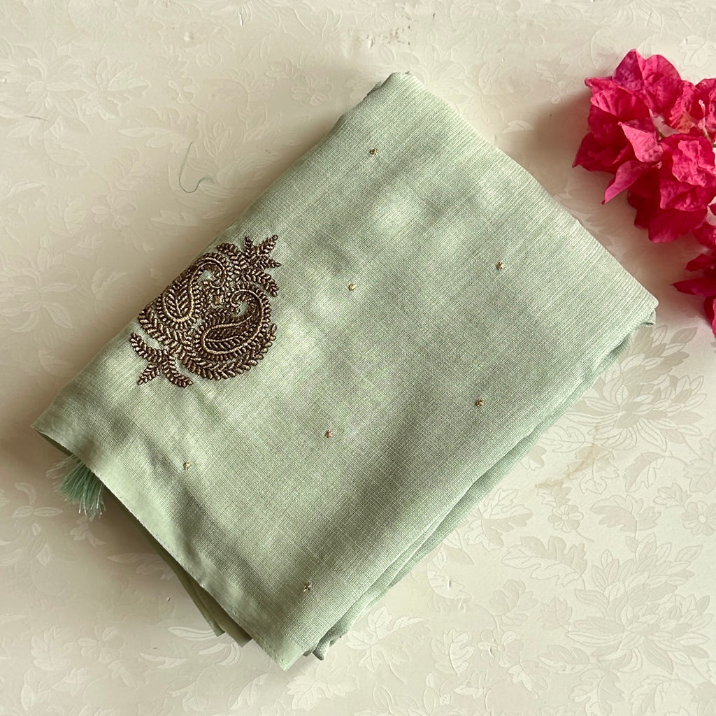 Sage Green Embroidered Saree with Copper Motifs and Tassels Elegant